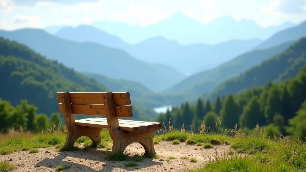 Malá dřevěná lavička na vyhlídkovém místě s panoramatickým výhledem na údolí a horské údolí